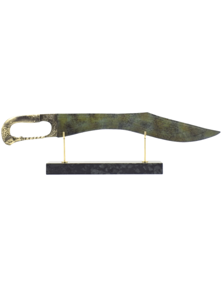 Espada larga de bronce o Kopis macedonio, grabados y pomo con cabeza de caballo