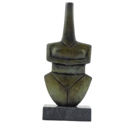 Bronze female idol statuette in violin shape,...