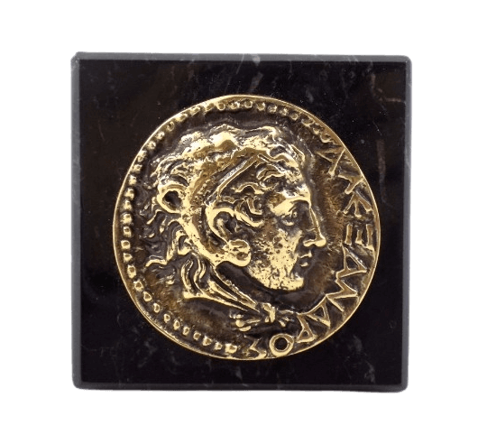 Pisapapeles, moneda de bronce con la efigie y el nombre de Alejandro Magno, octodracma griega antigua
