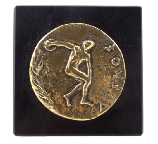 Paperweight, bronze coin featuring the Discobolus, Athens Olympic Games