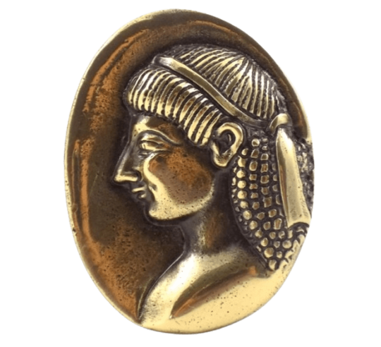 Pisapapeles, moneda de bronce con la efigie del Kouros, símbolo de perfección física y juventud eterna