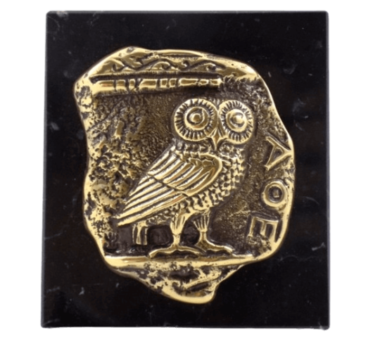 Paperweight, bronze coin featuring Athena's Owl, goddess of wisdom and the arts