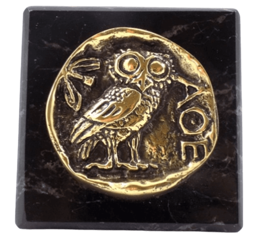 Paperweight, bronze coin featuring Athena's Owl, goddess of wisdom and the arts
