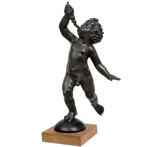 Statue en Bronze d'un Putto Enchanteur Soufflant dans un Coquillage