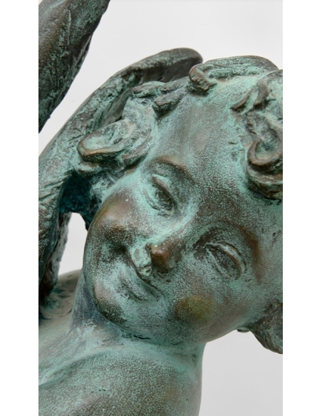 Statue en Bronze Patiné: Putto Jouant avec un Canard
