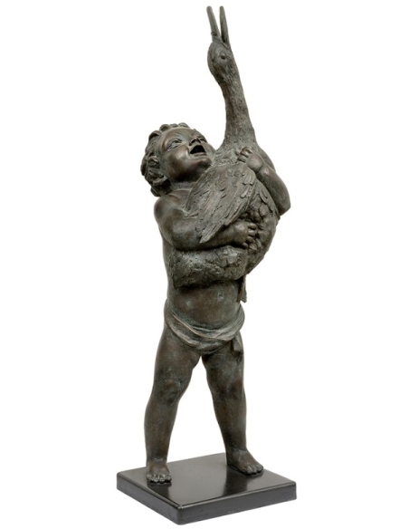 Statue en Bronze : Putto Jouant avec une Oie
