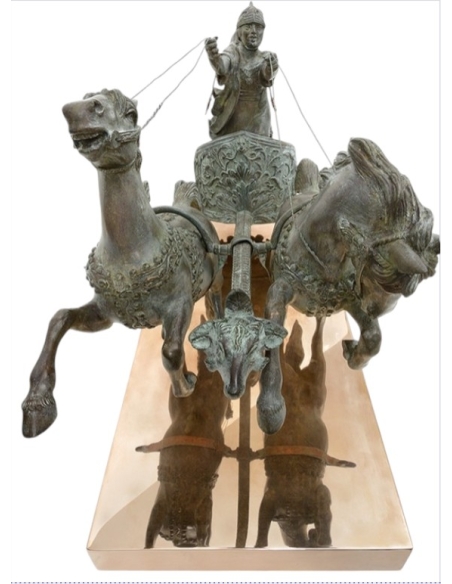 Patinated Bronze Sculpture of a Two-Horse Roman Chariot