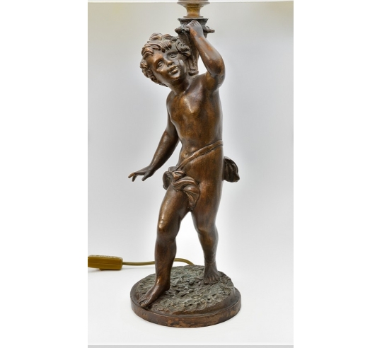 Patinated Bronze Table Lamp - Elegant Putto...