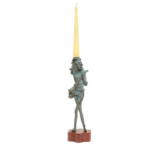 Patinated Bronze Candle Holder: Sculpture of the Lute Player