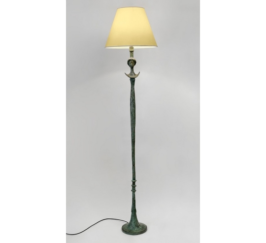 Patinated bronze floor lamp with lampshade: Etruscan-style slender sculpture