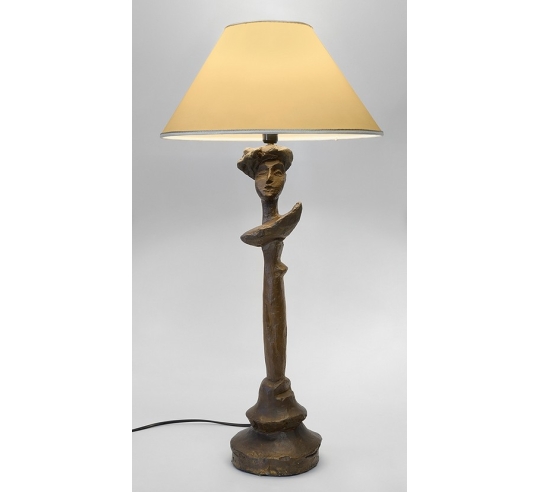 Patinated bronze table lamp in Giacometti style with lampshade