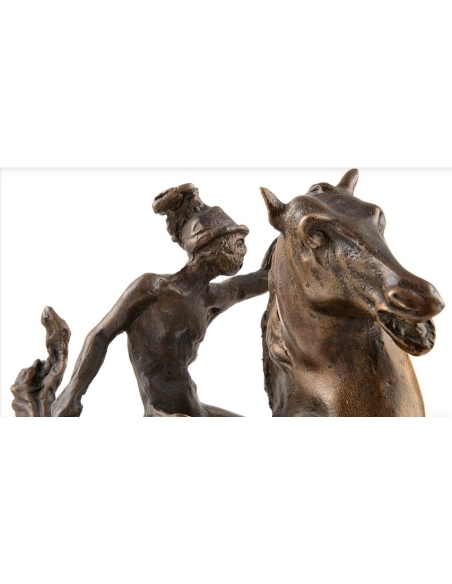Patinated Bronze Sculpture: Horse and Rider after Leonardo da Vinci