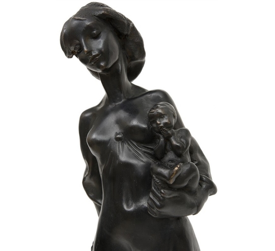 Patinated Bronze Statue: Mother and Children,...