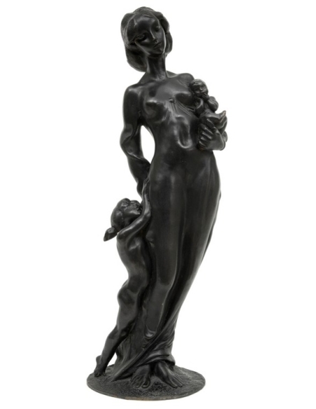 Patinated Bronze Statue: Mother and Children, Symbol of Sweetness and Motherhood