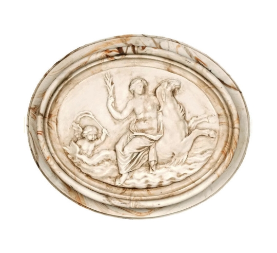 Medallion naked woman mounted on sea seahorses, surrounded by angel