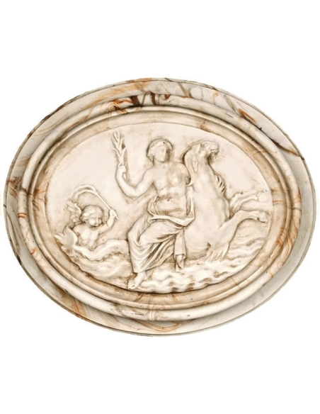 Medallion naked woman mounted on sea seahorses, surrounded by angel