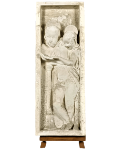 Bas relief of angels singing Bible verses