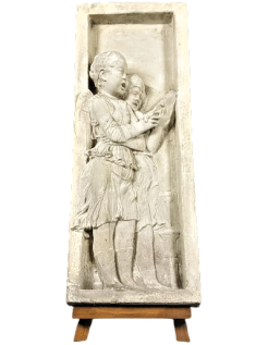 Bas relief angels singing Bible verses - left side