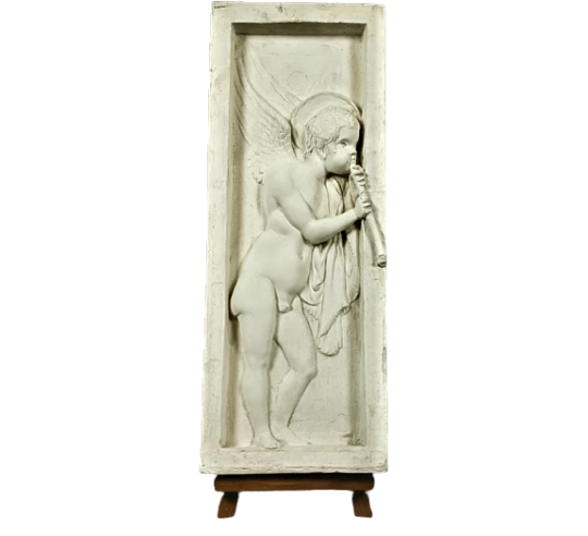 Bas relief angel playing flute - left side