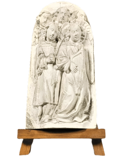 Bas relief choir of angels singing Bible verses and playing the lyre