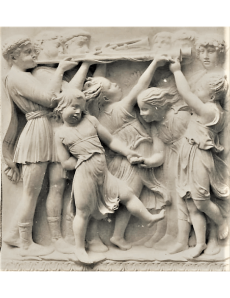 Bas relief children dancing to the sound of trumpet players
