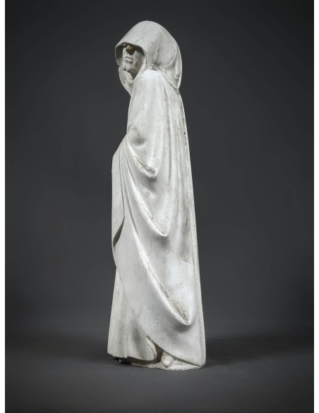 Statue of Mourner with the hood down, hiding his eyes in tears and his hands joined in prayer Statue of Mourner with the hood down, hiding his eyes in tears and his hands joined in prayer