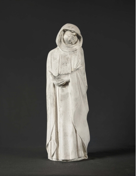 Statue of Mourner with the hood down, hiding his eyes in tears and his hands joined in prayer Statue of Mourner with the hood down, hiding his eyes in tears and his hands joined in prayer