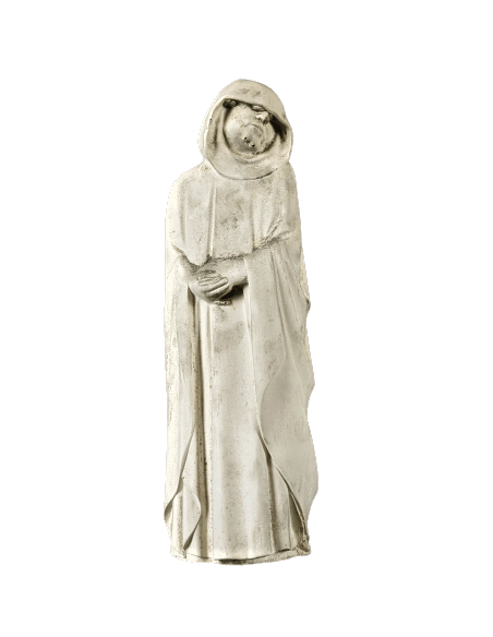 Statue of Mourner with the hood down, hiding his eyes in tears and his hands joined in prayer