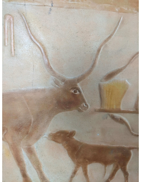 Bas relief égyptien - nécropole de Saqqara Mastaba de Ti - Scène d'élevage et traite de vache