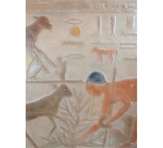 Bas relief égyptien - nécropole de Saqqara Mastaba de Ti - Scène d'élevage et traite de vache