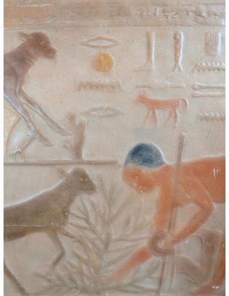 Bas relief égyptien - nécropole de Saqqara Mastaba de Ti - Scène d'élevage et traite de vache