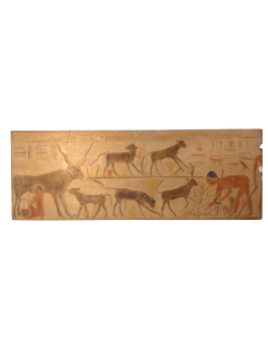 Bajo relieve egipcio - necrópolis de Saqqara Mastaba de Ti - escena de ganadería y ordeño de vaca
