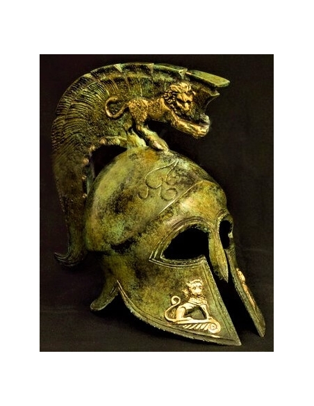 Casque spartiate avec lions en bronze Casque spartiate avec lions en bronze