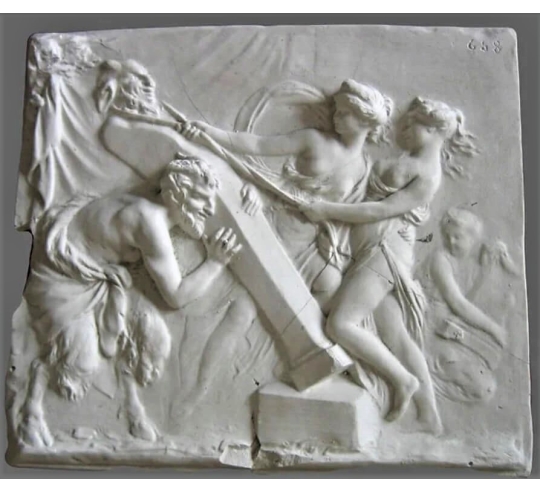 Bajo relieve Fauno y Bacante levantando la...