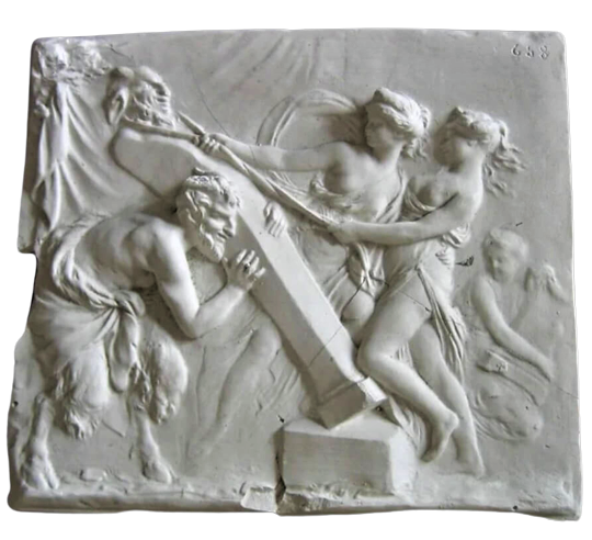Bas relief Faun and Bacchae raising the sculpture of the god Pan, Claude Michel, known as Clodion