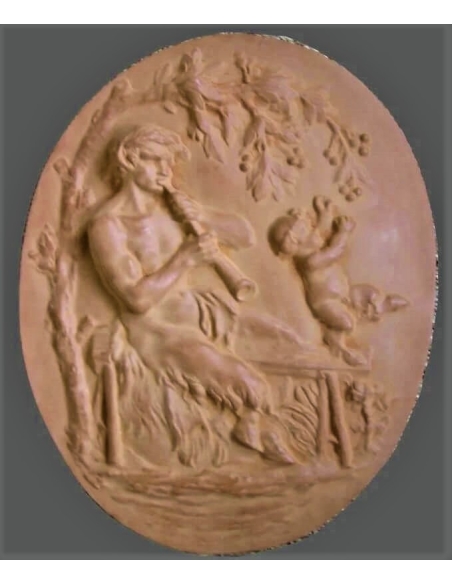 Médaillon Faune jouant de la flute et jeune faune dansant par Claude Clodion