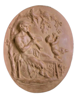 Médaillon Faune jouant de la flute et jeune faune dansant...
