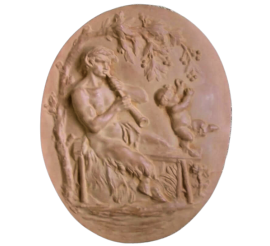 Medallion Faun playing the flute and young dancing satyr by Claude Clodion