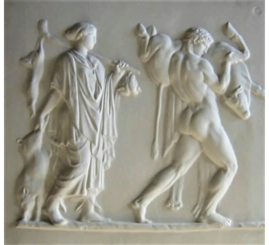 Bas relief Couple Homme et Femme de retour de la chasse scène antique d'après Pierre Puget
