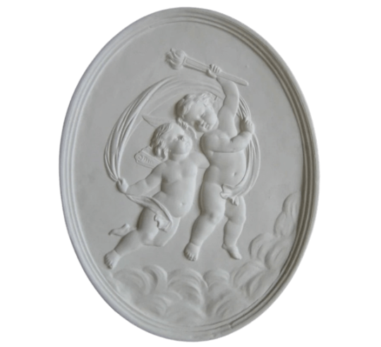 Low relief of a couple of Putti dancing with a torch, festive scene