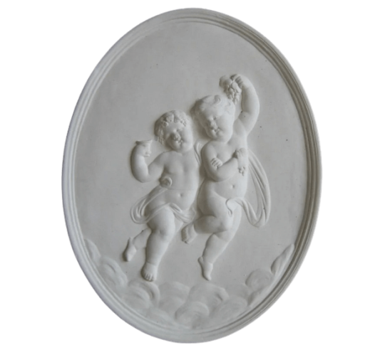 Low relief of a couple of Putti drinking and dancing, festive scene.