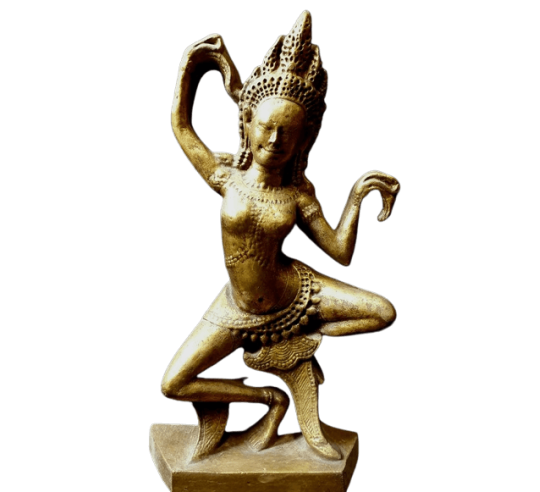 Estatua Apsara de una bailarina celestial con la mano derecha en posición Gyan Mudra.