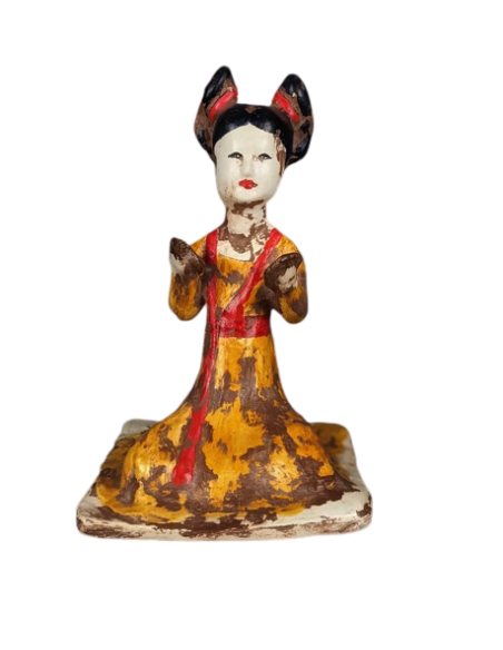 Statuette of a seated female musician playing cymbals, Tang dynasty style Chinese art.