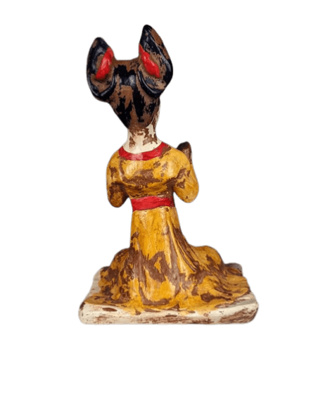 Statuette of a seated female musician playing cymbals, Tang dynasty style Chinese art.