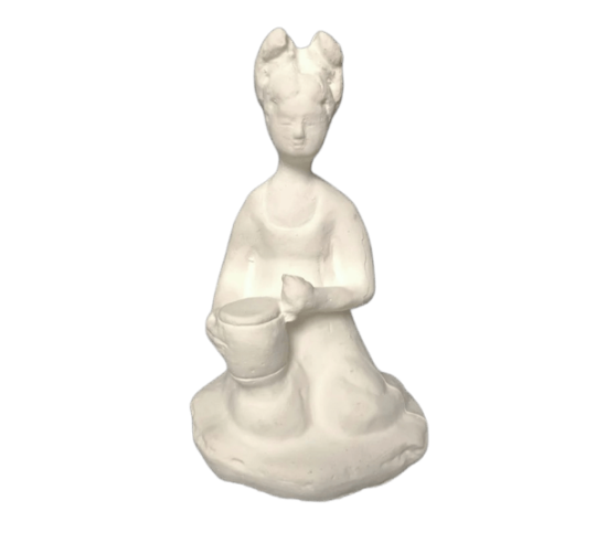 Statuette of a seated female musician playing a drum, Tang dynasty style Chinese art.