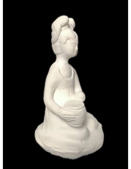 Statuette of a seated female musician playing a drum, Tang dynasty style Chinese art.