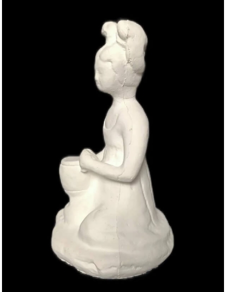 Statuette of a seated female musician playing a drum, Tang dynasty style Chinese art.