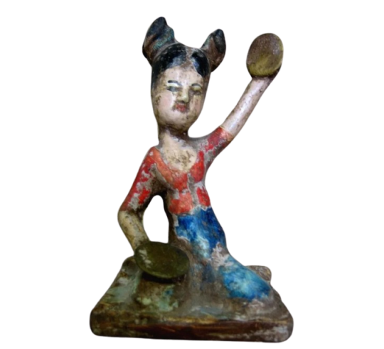Statuette of a seated female musician playing cymbals, Tang dynasty style Chinese art.