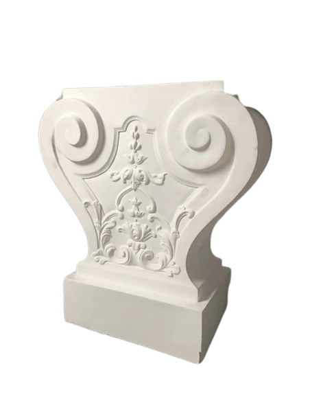 Pie de banco de jardín decorado con motivos florales, estilo neoclásico.