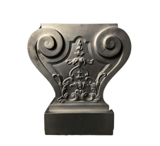 Leg of a garden bench decorated with floral...